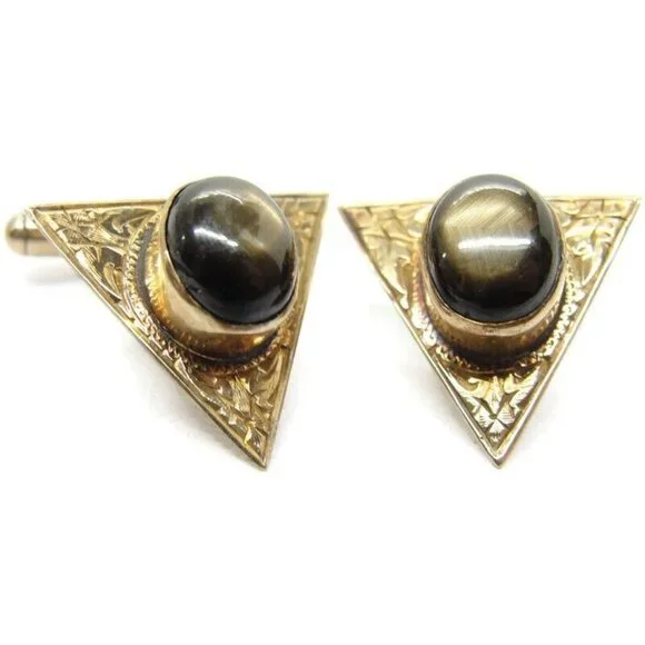 Vintage 10K Gold Black Star Sapphire Cufflinks Triangle Shape Beautiful